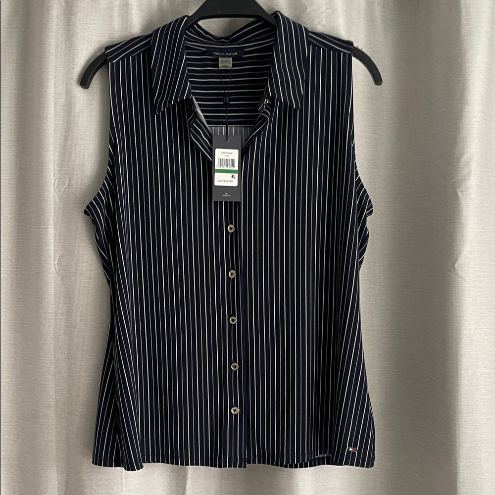 Tommy Hilfiger Navy and White Striped Button Down Shirt - Picture 5 of 6